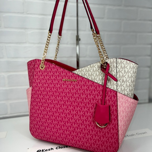Michael Kors Shoulder Bag Xchain Jet Set LG Color-Block Logo Tote Electric Pink - Picture 6 of 11